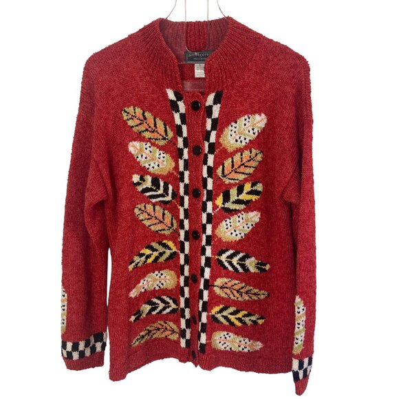 Vintage South Cotton Orange Cardigan Sweater Large Leaf Pattern Cottagecore - Picture 1 of 8